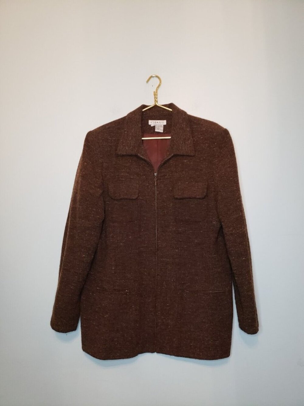 Chaus Womens 16 Coat Jacket Full Zip Long Sleeve Brown Tweed Wool Blend Pockets